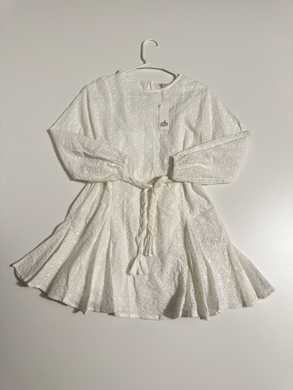 GB girls White Eyelet Braided-Waist Dress Sz. L